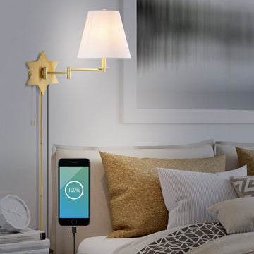David 18.5" Modern French Country Swing Arm Plug-In or Hardwired Iron LED Star Wall Sconce with Pull-Chain and USB Charging Port - JONATHAN Y